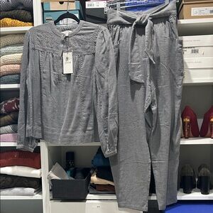 Joie Gray Embroidered Long-Sleeve Top & Paperbag Waist Pants Set